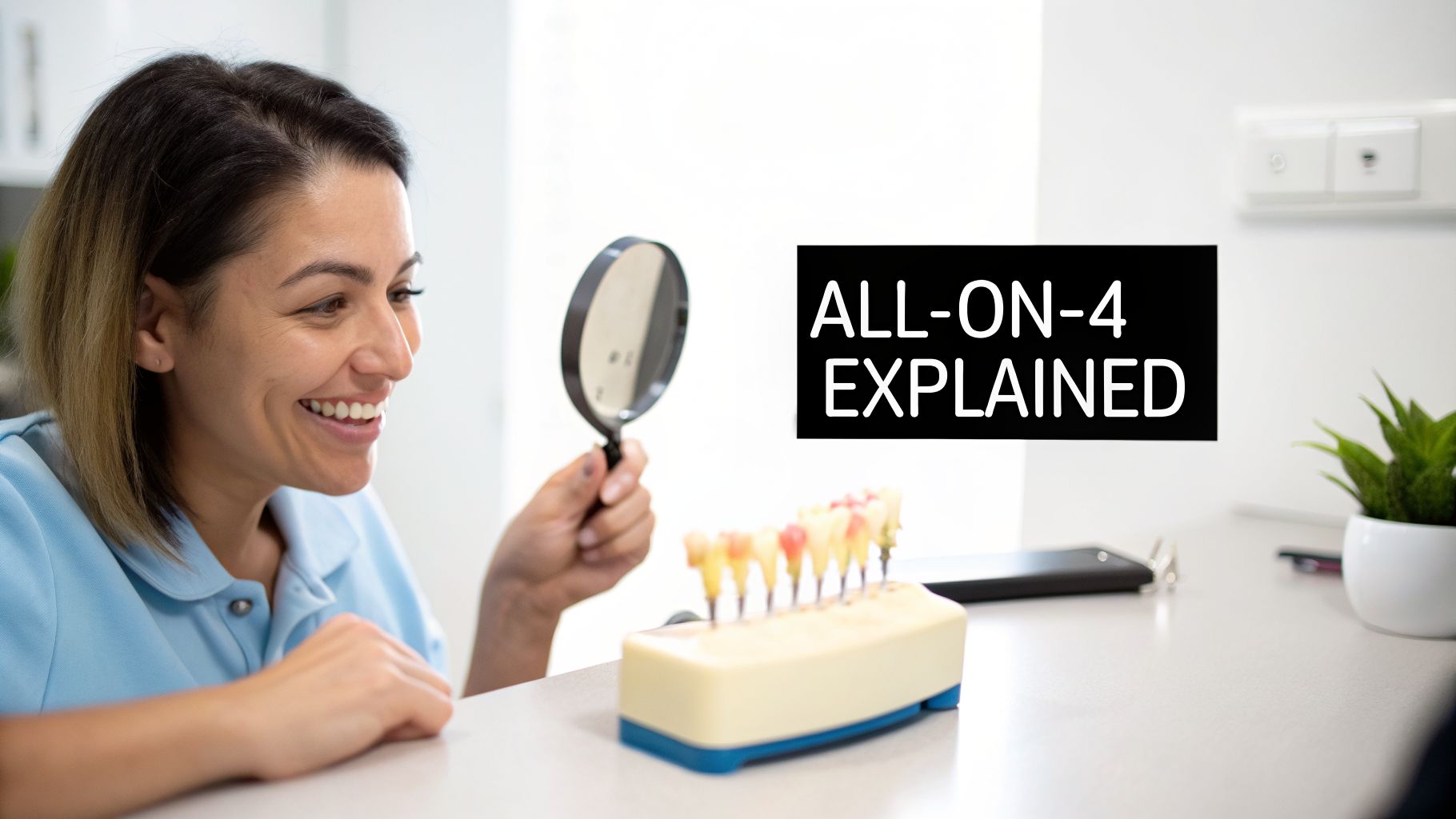 A smiling woman in a blue shirt examines a dental implant model with a magnifying glass, with an 'ALL-ON-4 EXPLAINED' text overlay.