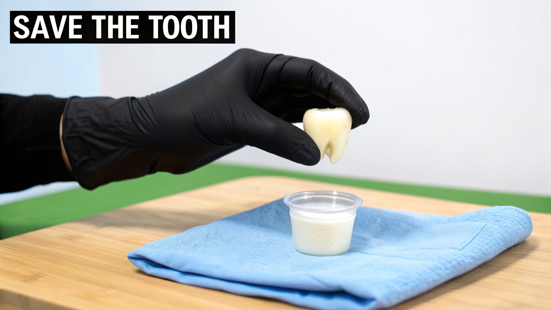 A gloved hand holds a tooth over a cup of milk, with a 'SAVE THE TOOTH' caption.