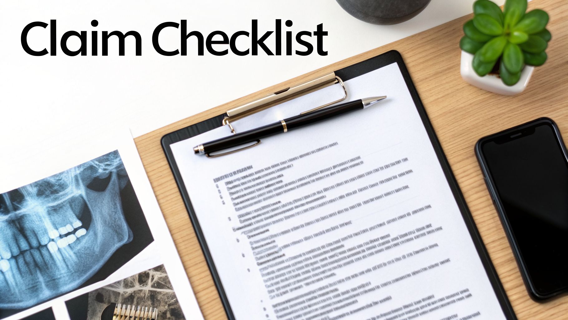 A desktop flat lay with a 'Claim Checklist' document on a clipboard, dental X-rays, a pen, and a smartphone.