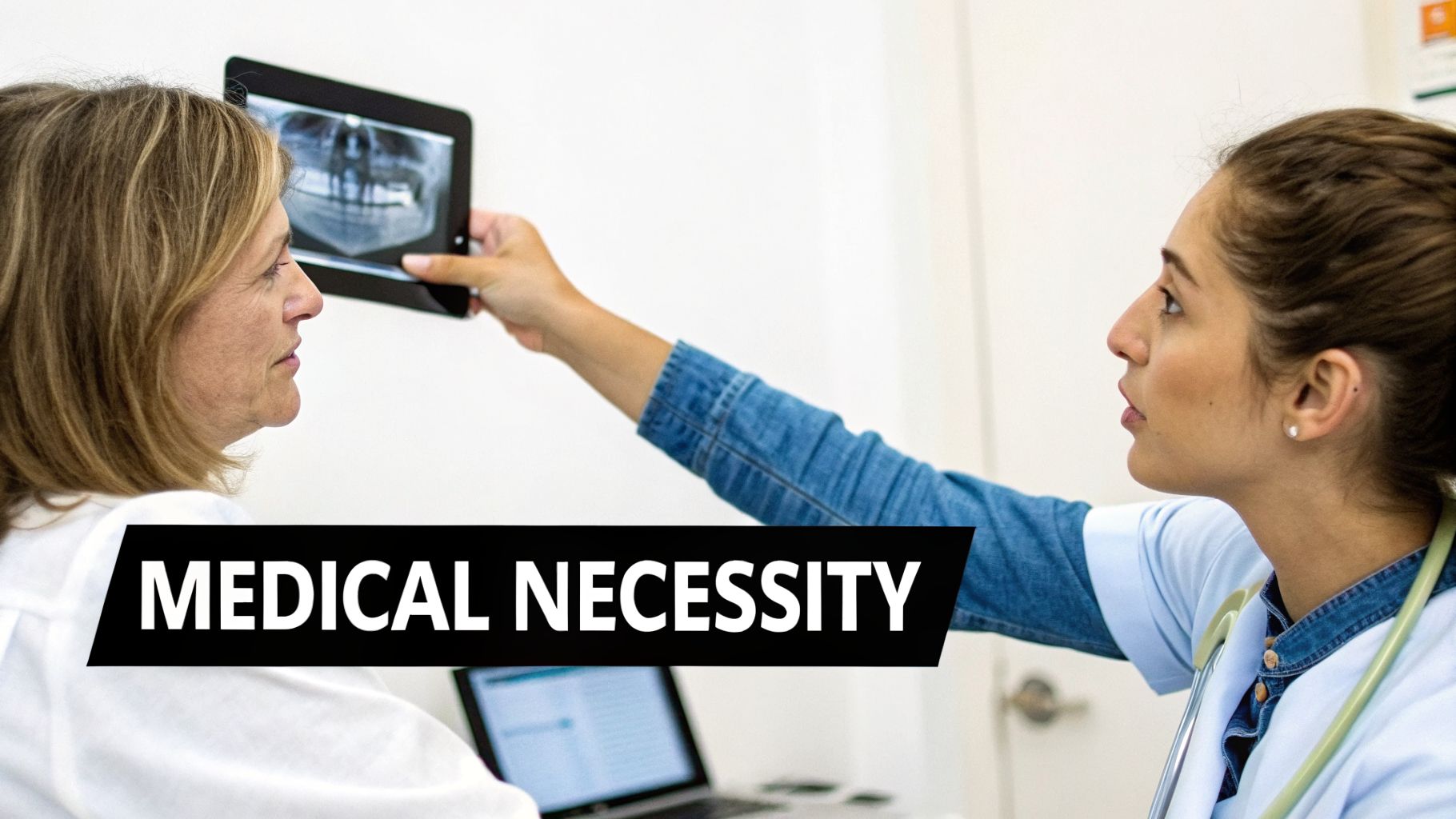 A doctor consults a patient, reviewing a dental X-ray on a tablet, emphasizing medical necessity.