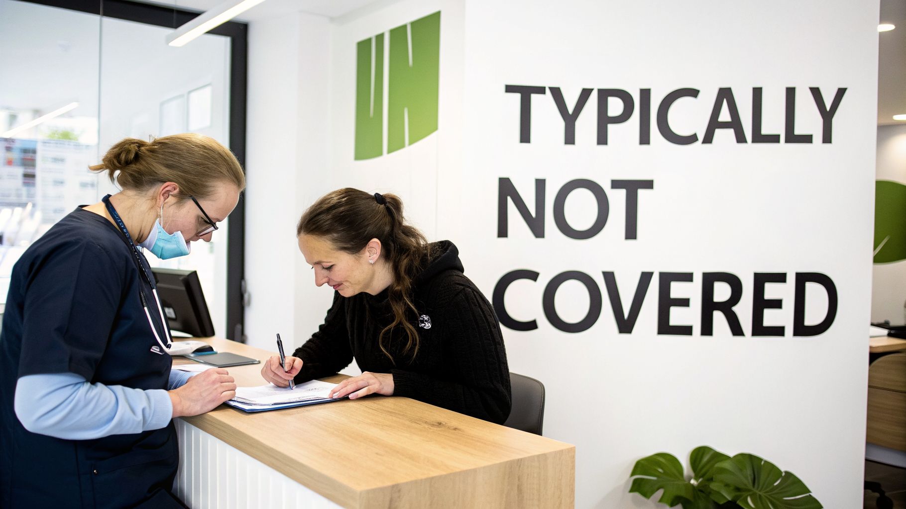 A medical professional assists a patient signing paperwork at a reception desk, with a sign reading 'TYPICALLY NOT COVERED' in the background.