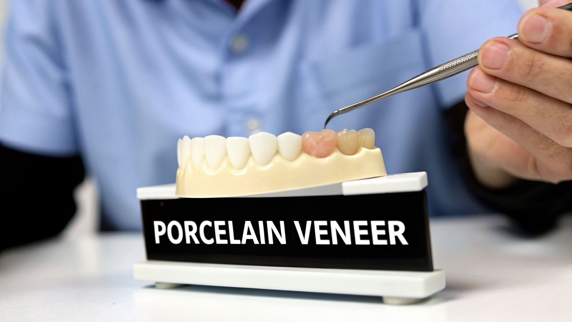 A dental professional uses a tool to work on a porcelain veneer on a tooth model, with a sign reading 'PORCELAIN VENEER'.