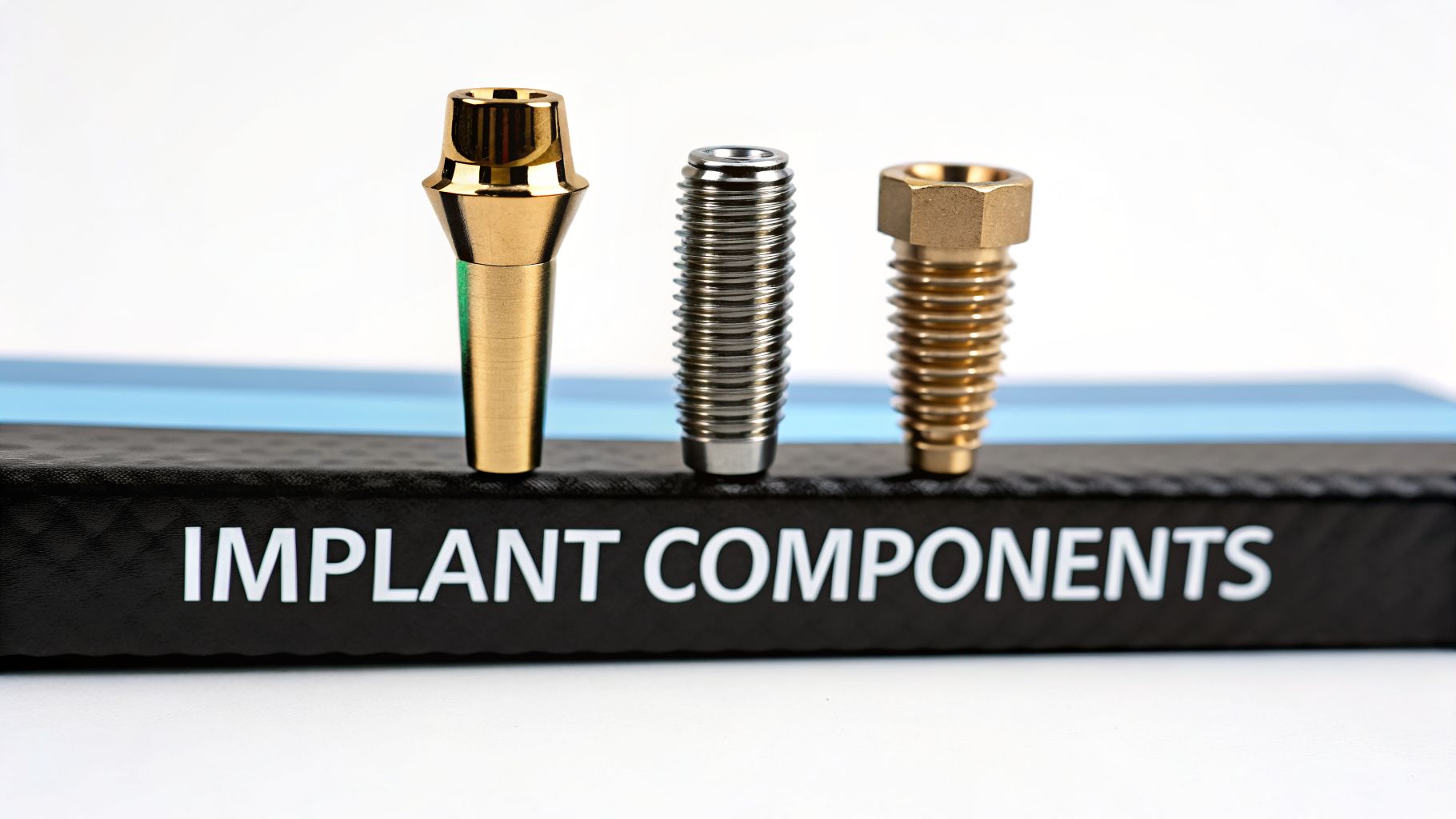 Three distinct dental implant components, including gold abutments and silver screws, displayed on a black box.