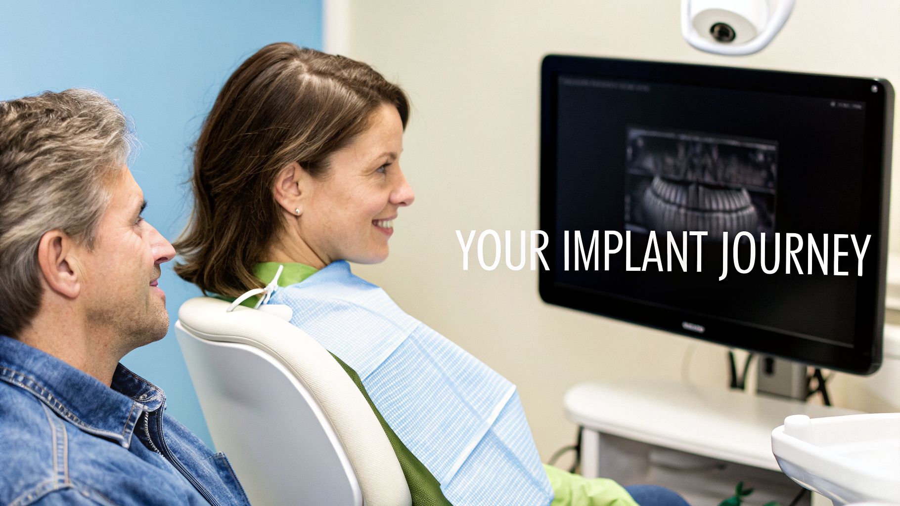 A smiling woman and man in a dental office, viewing implant scans on a monitor with text 'YOUR IMPLANT JOURNEY'.