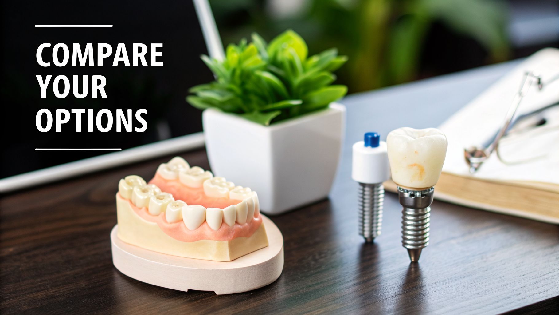 Dental models, including implants and dentures, on a desk, prompting comparison of options.