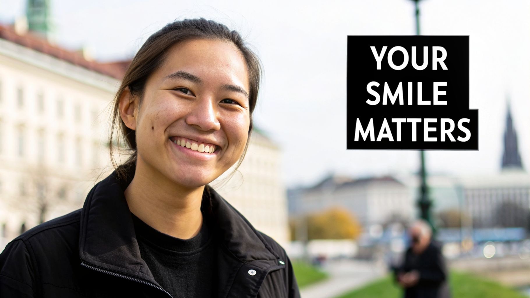 A happy Asian woman smiling brightly in an outdoor setting, next to a 'YOUR SMILE MATTERS' sign.