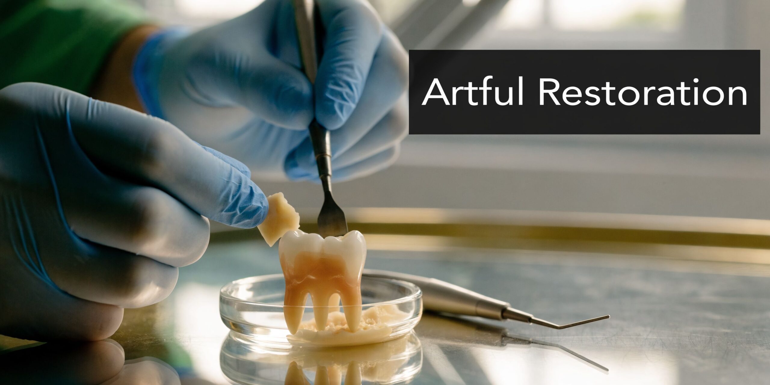 A gloved dentist works on a dental tooth model restoration inside a professional clinical medical setting.