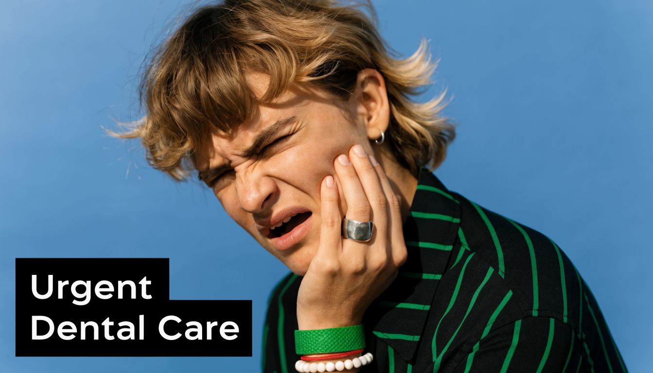 A person with blonde hair wincing in pain while holding their jaw, indicating a dental emergency.