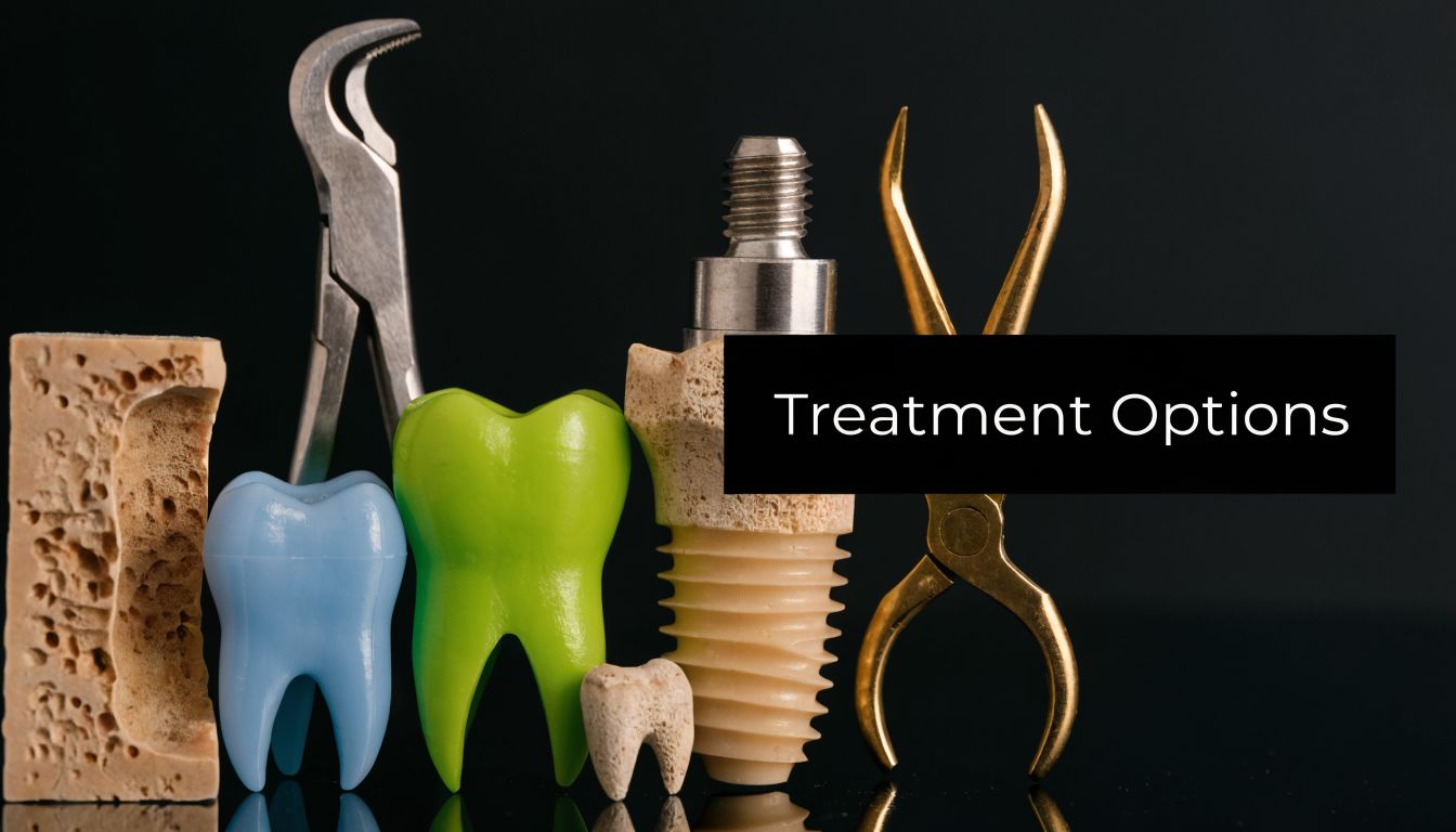 A dental display featuring tooth models, a dental implant, and surgical tools on a black background.