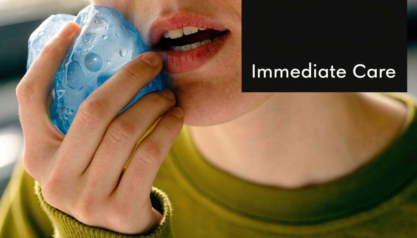 A person holding a cold blue gel pack against their cheek to manage dental pain symptoms.