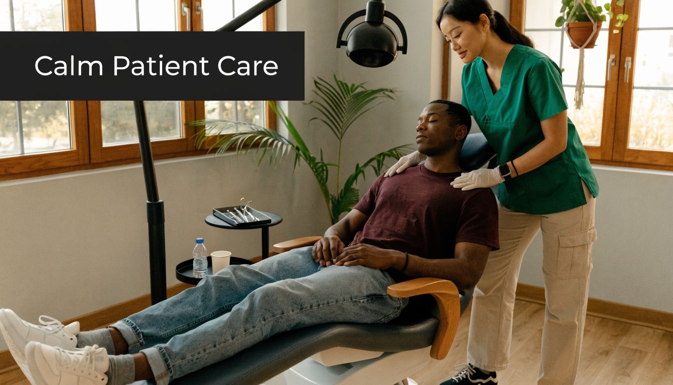 A gentle dentist comforts a calm patient in a dental chair before a procedure begins.