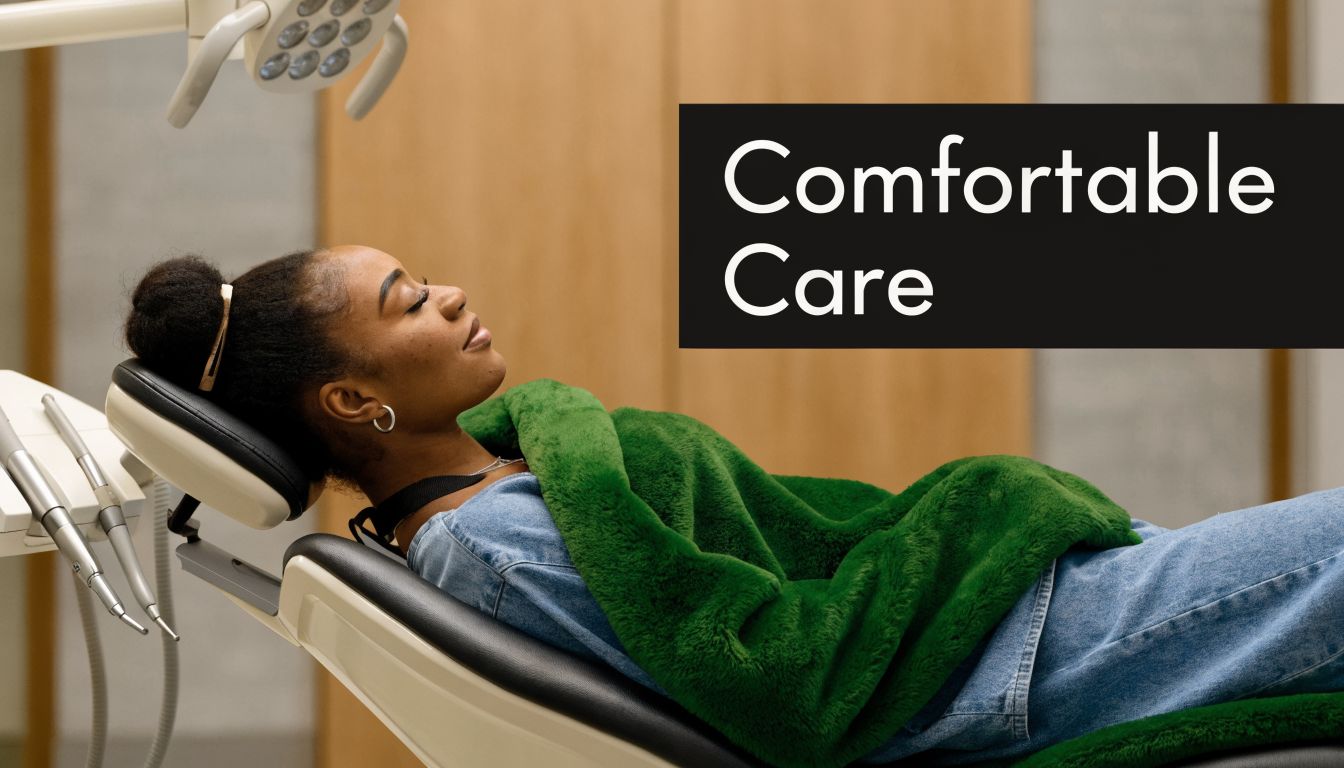 A woman rests comfortably in a dental chair covered with a plush green blanket during care.