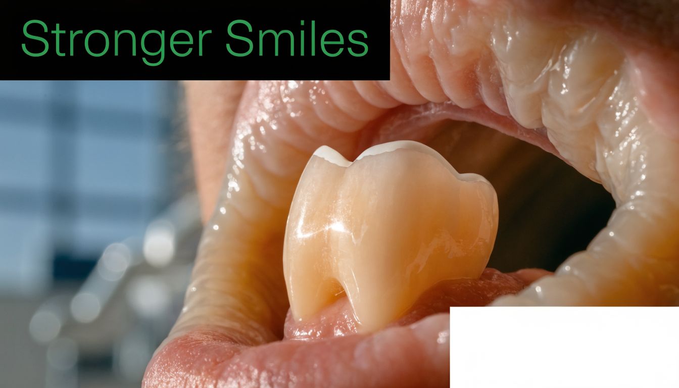 A close-up view of a dental crown being fitted onto a patient's molar inside their mouth.