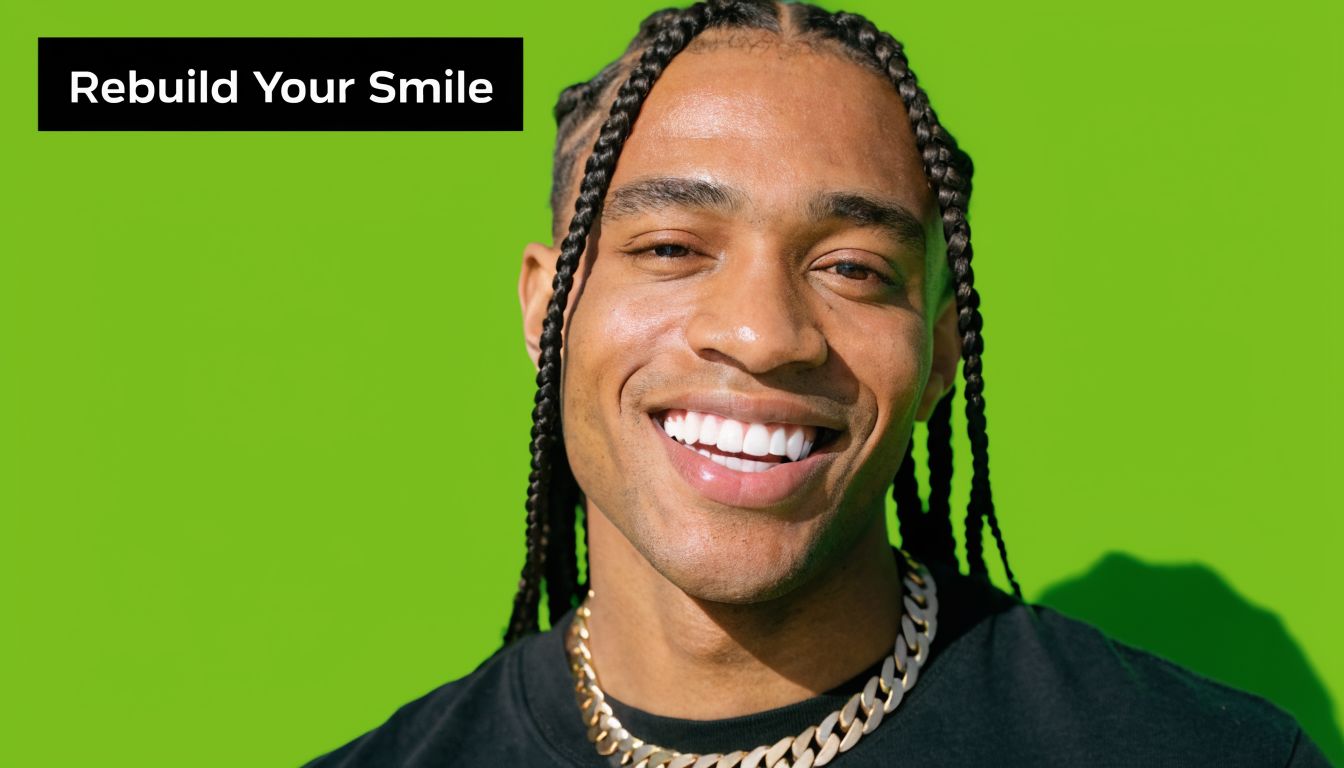 A smiling young man with braided hair and a gold chain against a vibrant green background.
