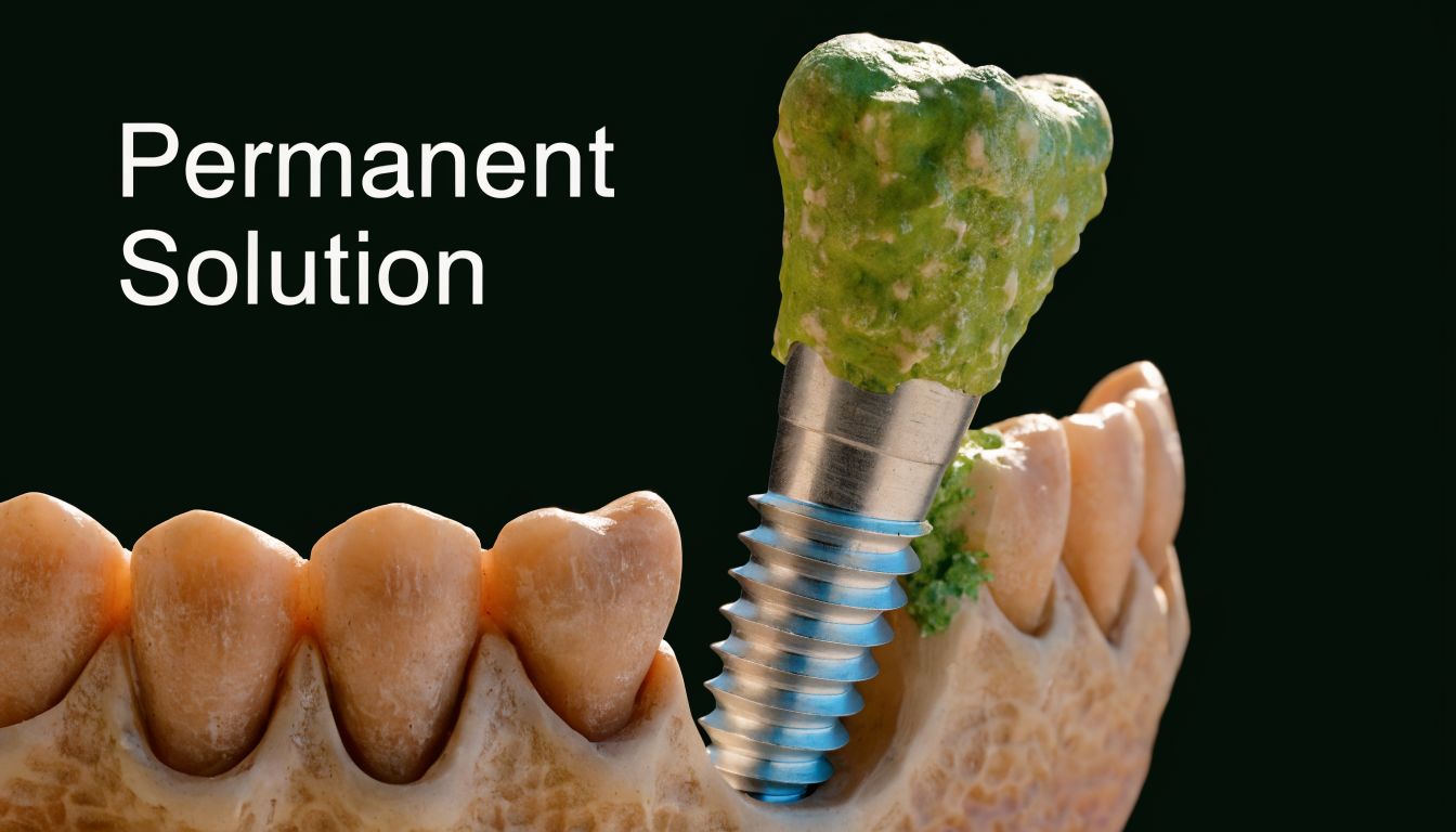 A close-up view of a dental implant being inserted into a human jaw model for restorative dentistry.