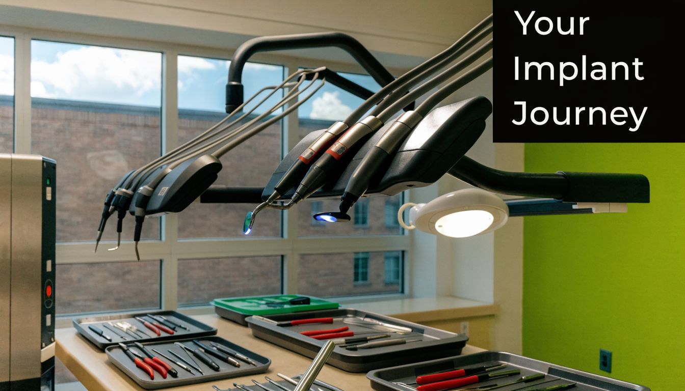 A clean dental clinic treatment room featuring advanced dental surgical instruments and dental equipment on trays.
