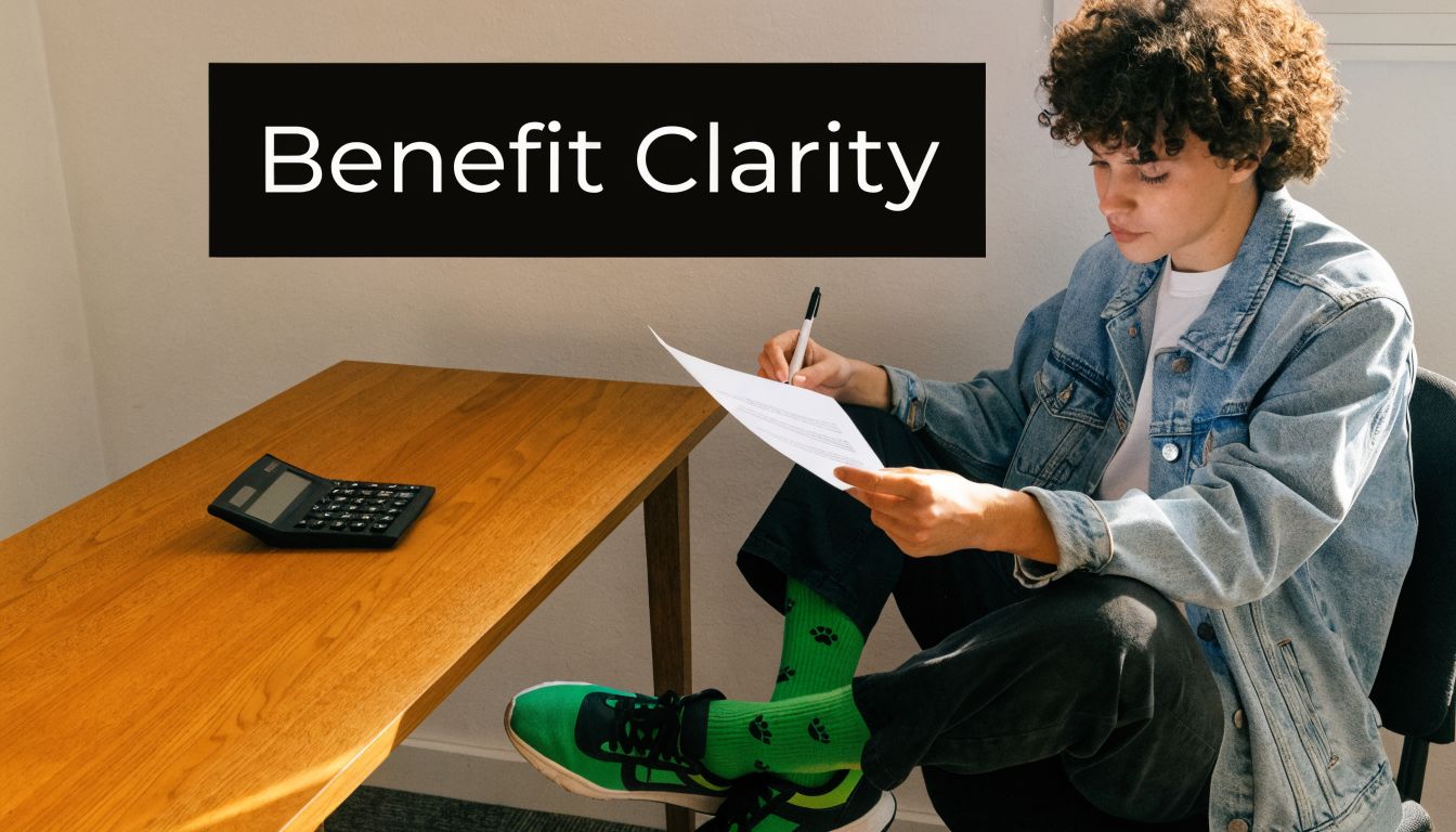 A person sitting at a desk reviewing benefit documents with a calculator, symbolizing financial and insurance clarity.