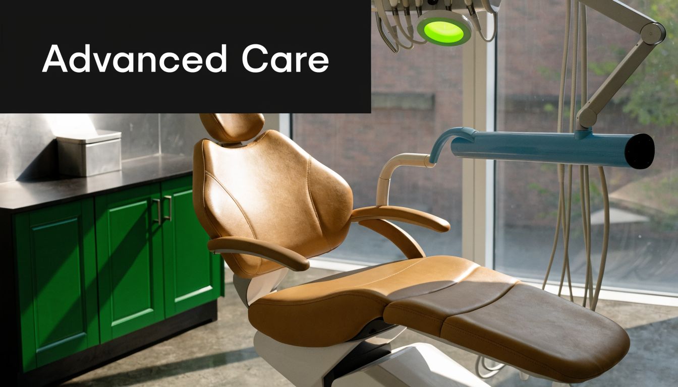 A modern dental exam room with a comfortable leather patient chair and professional equipment in a clinic.