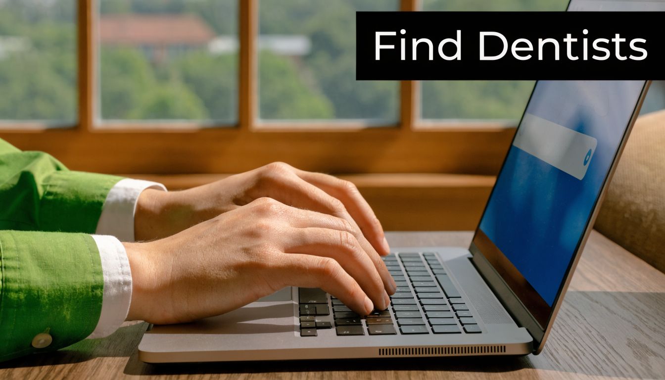 A person wearing a green shirt typing on a laptop to search for dental services online.