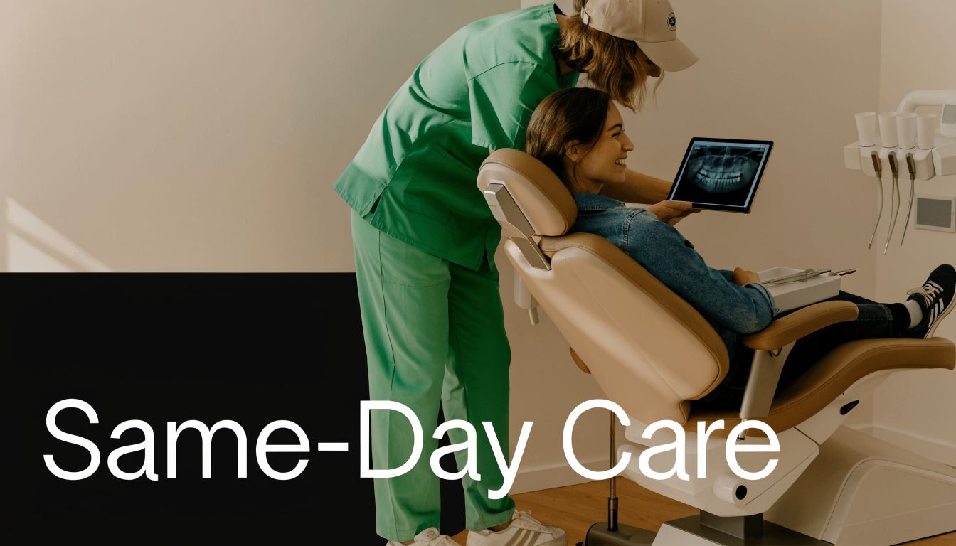 A dental professional discusses a digital X-ray on a tablet with a smiling patient in a chair.