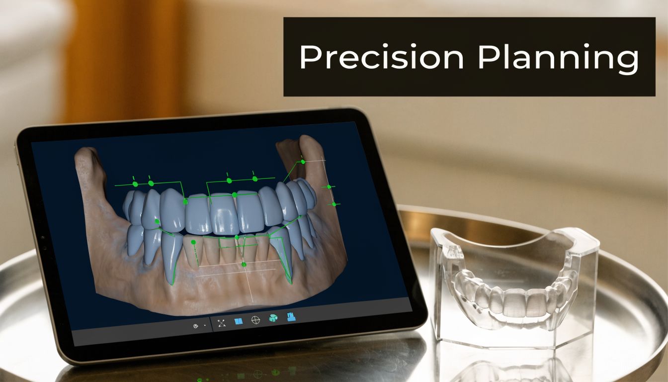 A tablet screen displaying a 3D dental model with planning tools next to a clear aligner tray.
