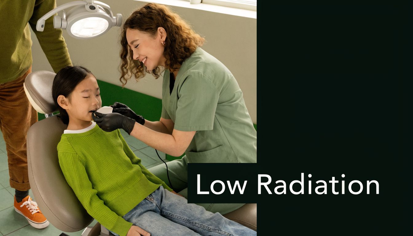 A friendly dentist performs a digital dental scan on a young child in a comfortable clinical setting.
