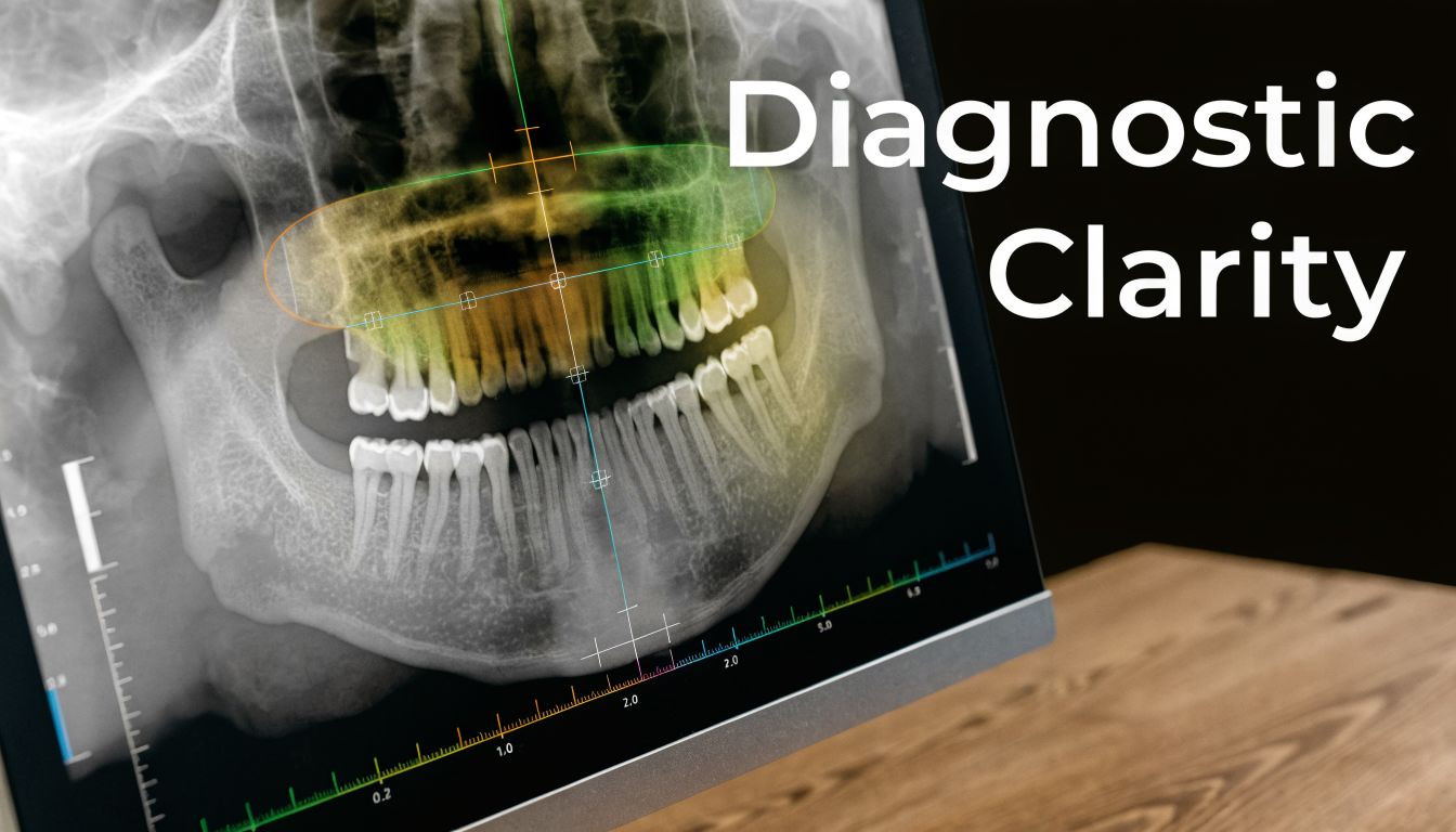 A digital dental panoramic X-ray image displayed on a screen with analytical measurement overlays.