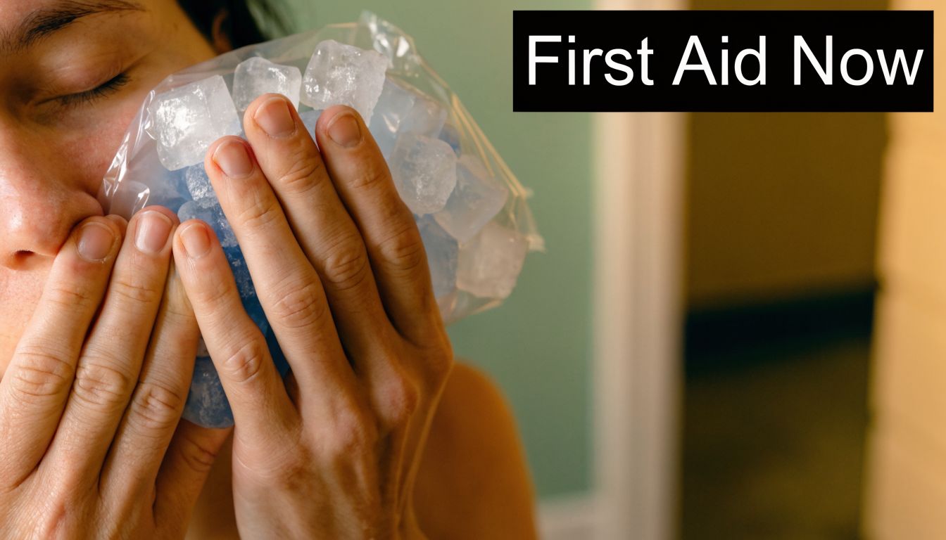 A person holding an ice pack against their face to soothe dental pain for emergency relief.