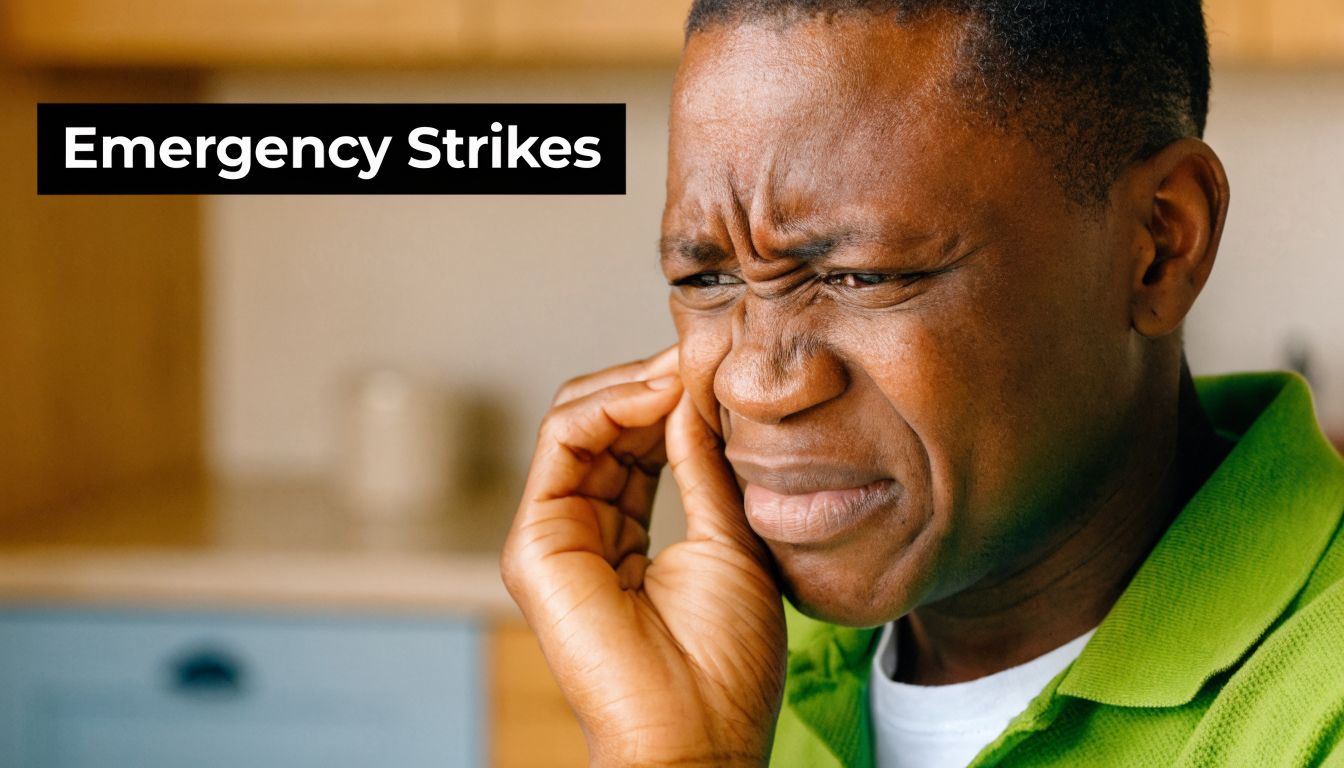 A person in pain holding their cheek, illustrating a dental emergency requiring immediate professional care.