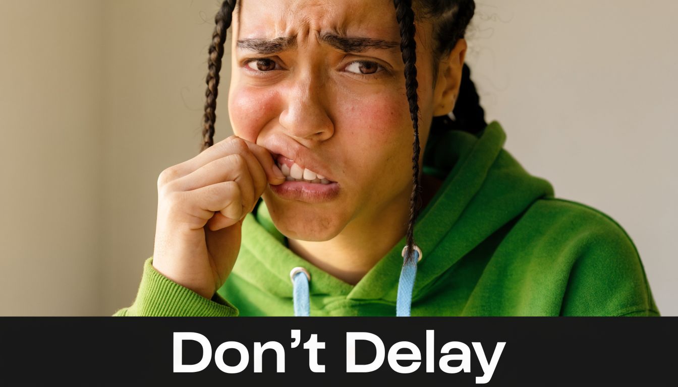 A concerned young woman biting her fingernails, appearing worried or in physical pain, with text reading Don't Delay.
