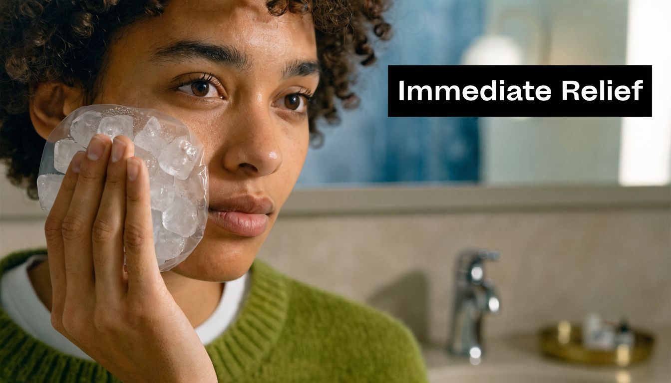 A person holding a cold ice pack against their cheek for facial pain and immediate relief.