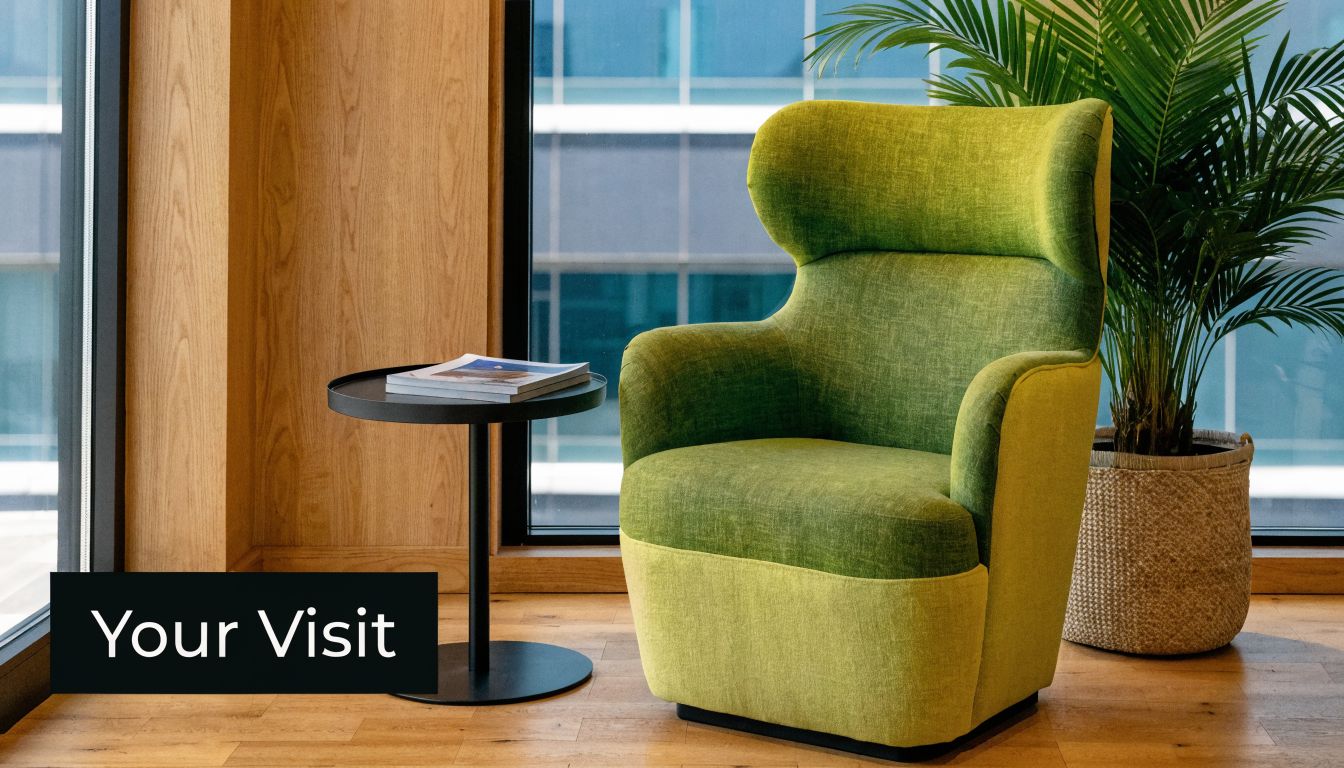 A modern green wingback chair with a side table next to a window in a professional office.