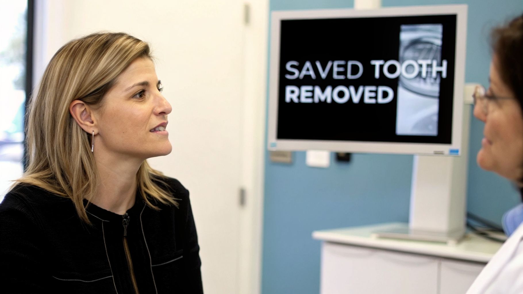 Patient consulting with a dental professional, discussing a tooth procedure with text 'SAVED TOOTH REMOVED' on a monitor.