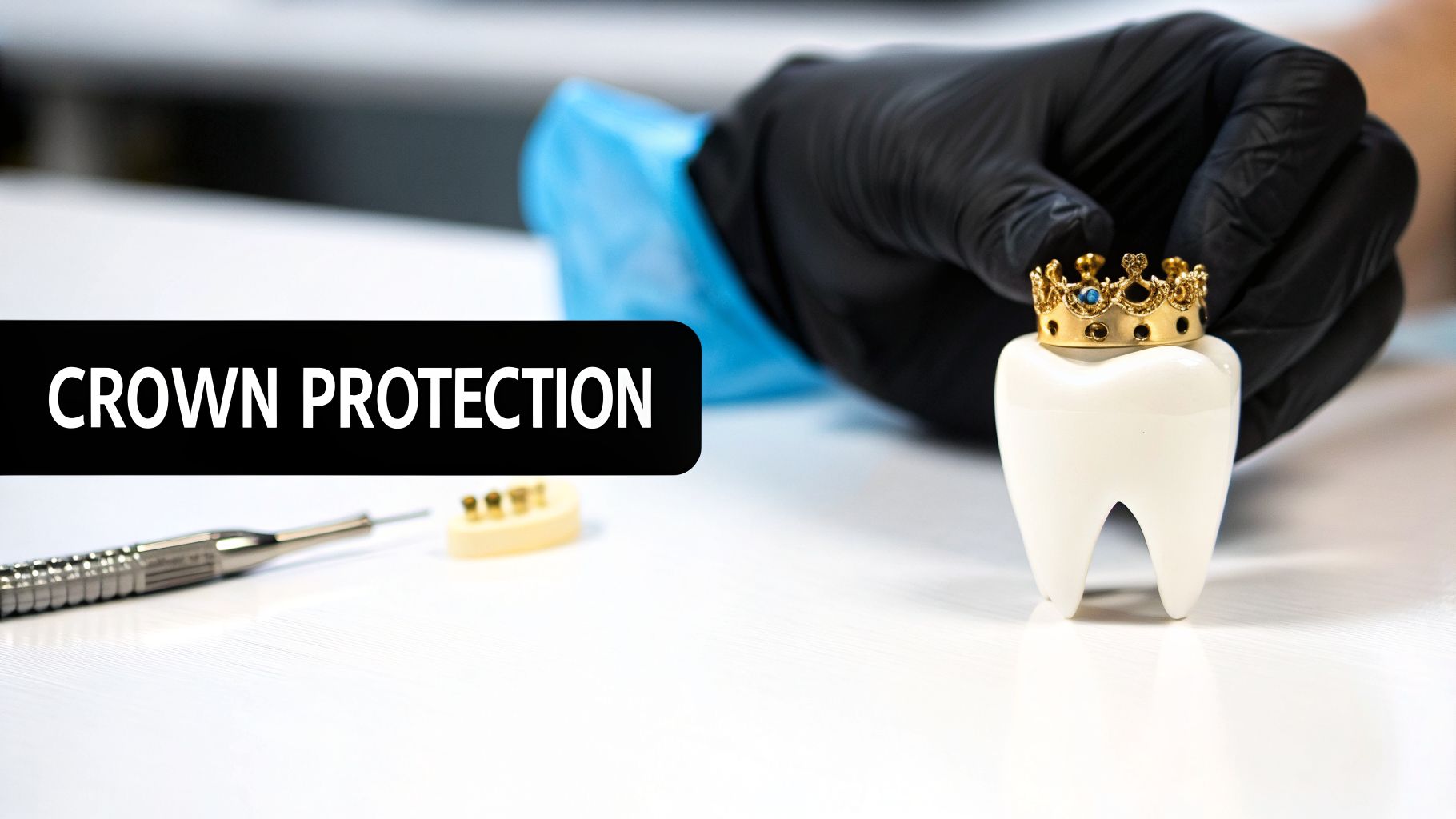A gloved hand holds a tooth model with a golden crown, emphasizing dental crown protection.