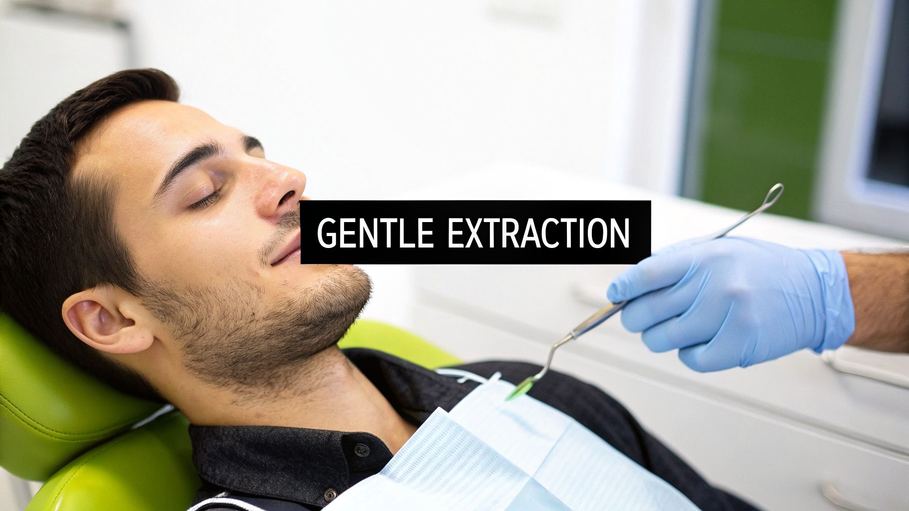 A man lies in a dental chair with closed eyes, while a gloved dentist's hand holds a tool. Text: GENTLE EXTRACTION.