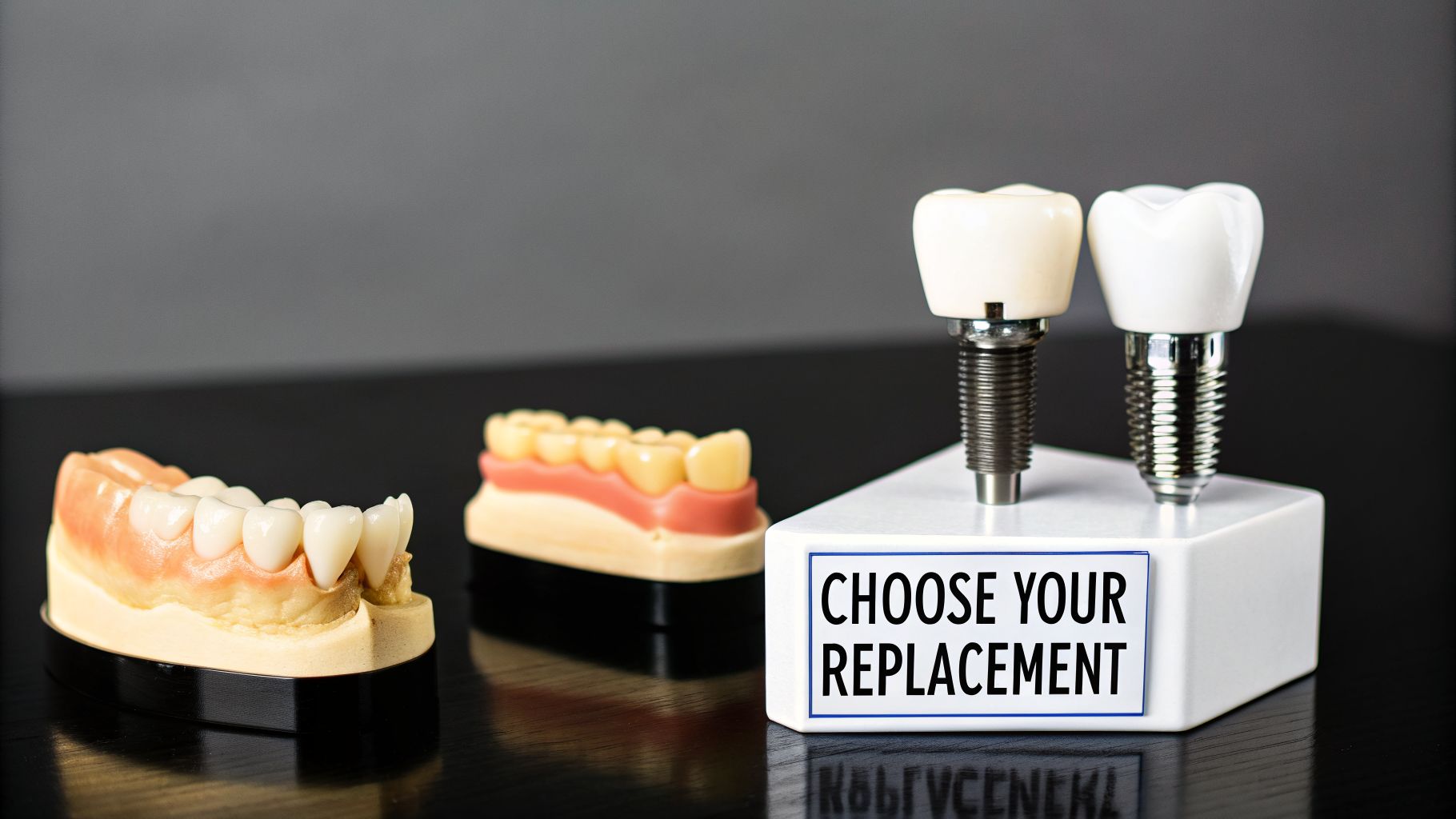 Dental models showcasing different tooth replacement options, including implants and bridges, with the text 'CHOOSE YOUR REPLACEMENT'.
