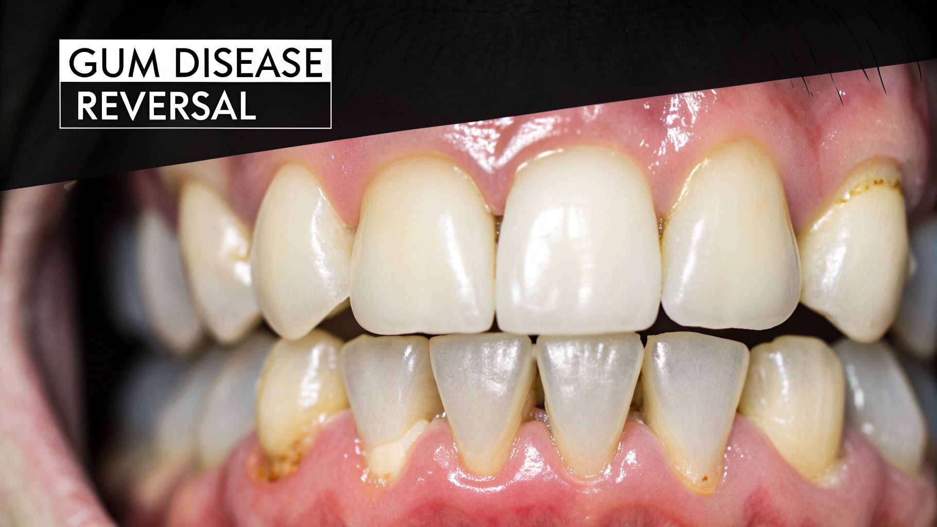 Close-up of teeth and gums showing signs of gum disease before reversal treatment.