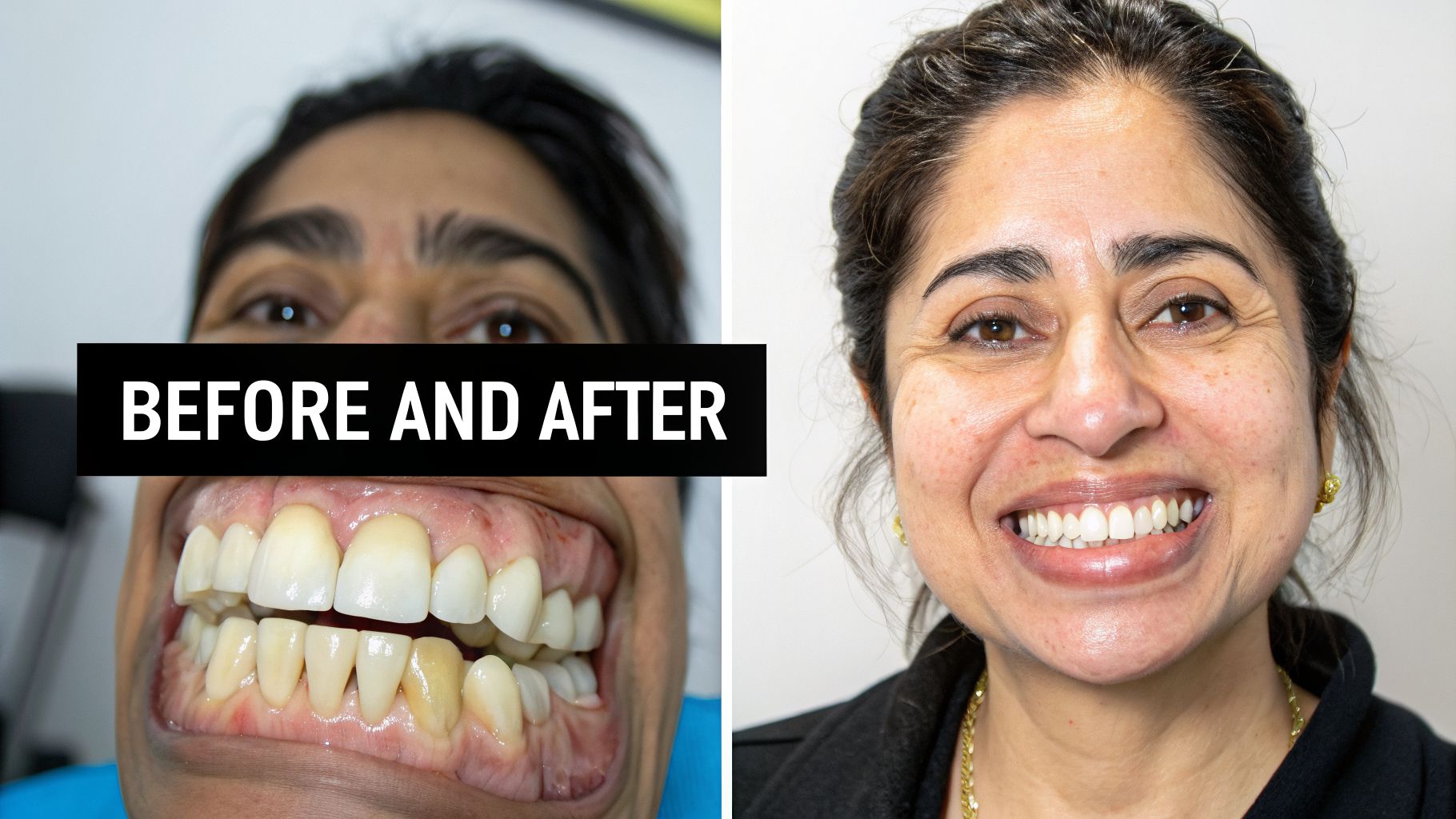 A woman's before and after image showing full mouth reconstruction with a brighter, healthier smile.