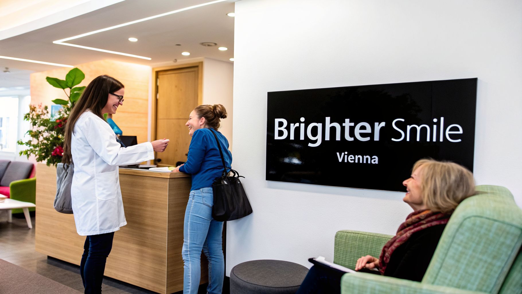 Three smiling women in a modern dental clinic reception area, including a dentist and patients.