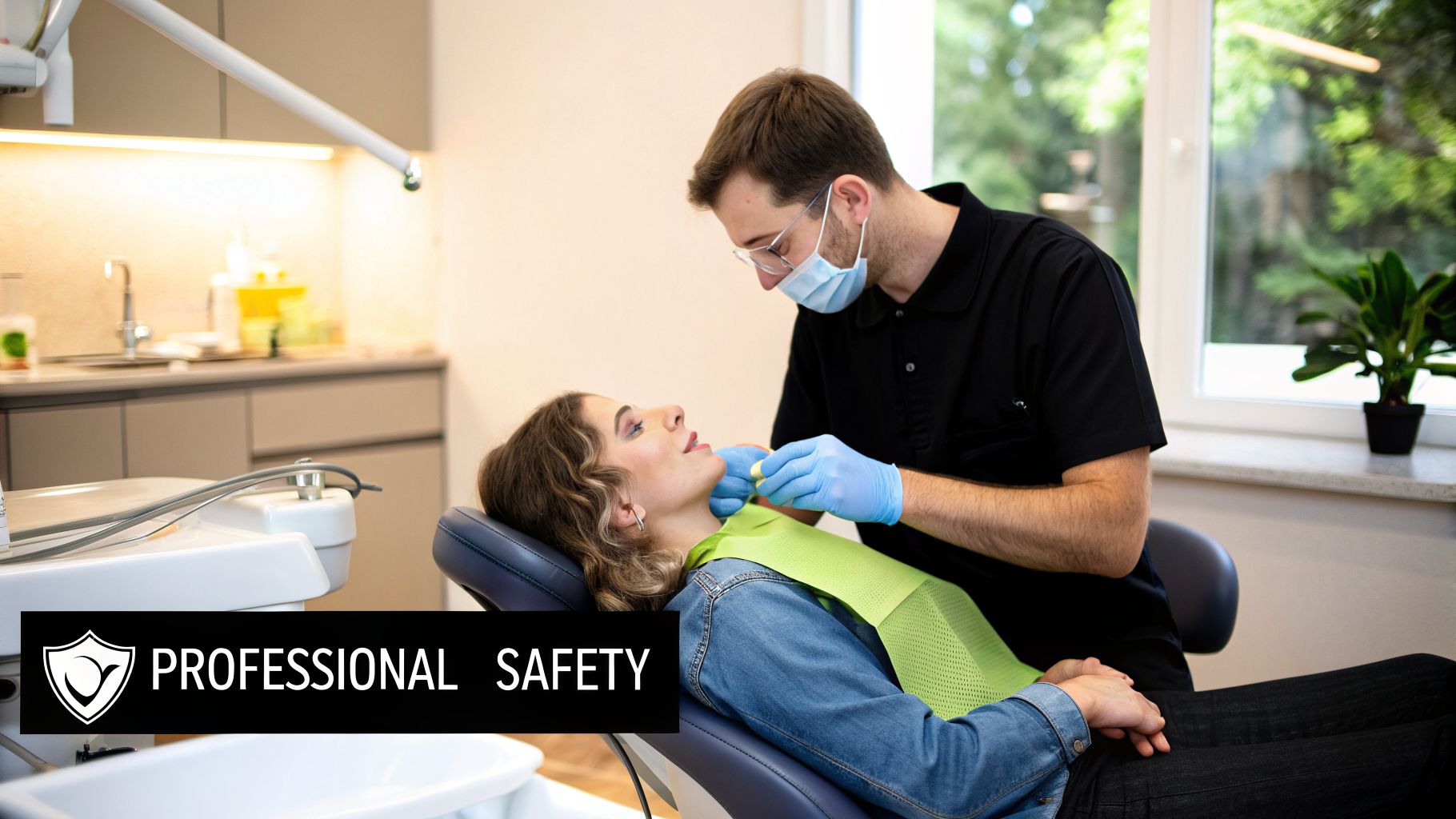 A male dentist wearing a mask and gloves treats a female patient in a modern dental office.