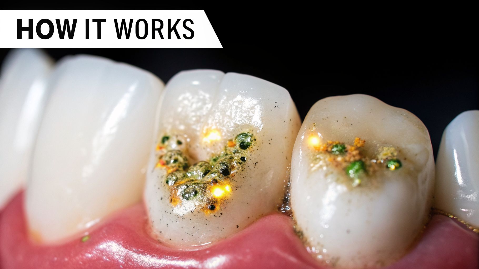Close-up of teeth with glowing spots and green matter illustrating plaque buildup and detection.