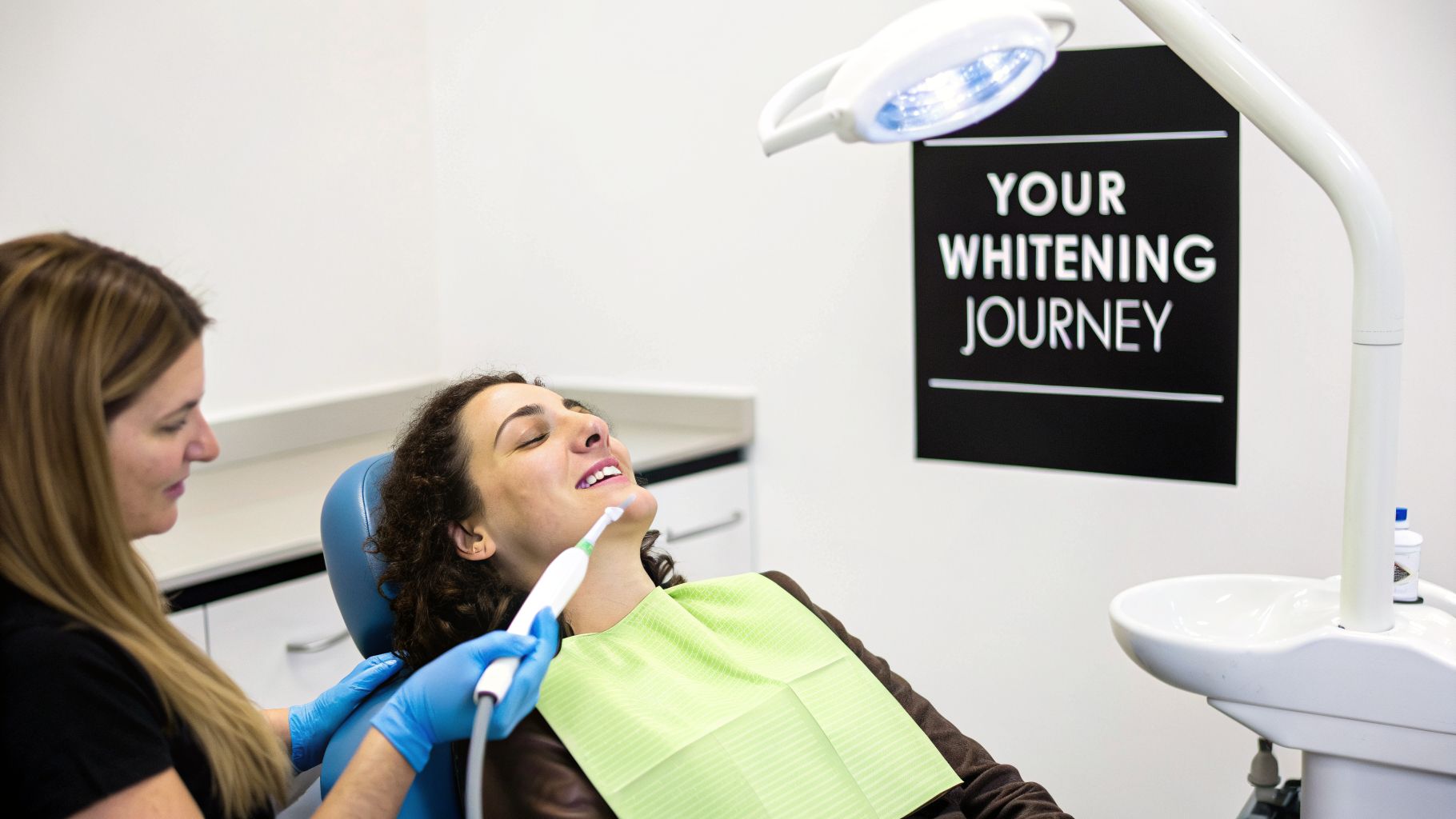 A dental professional in blue gloves performs a teeth whitening procedure on a female patient in a modern dental office.