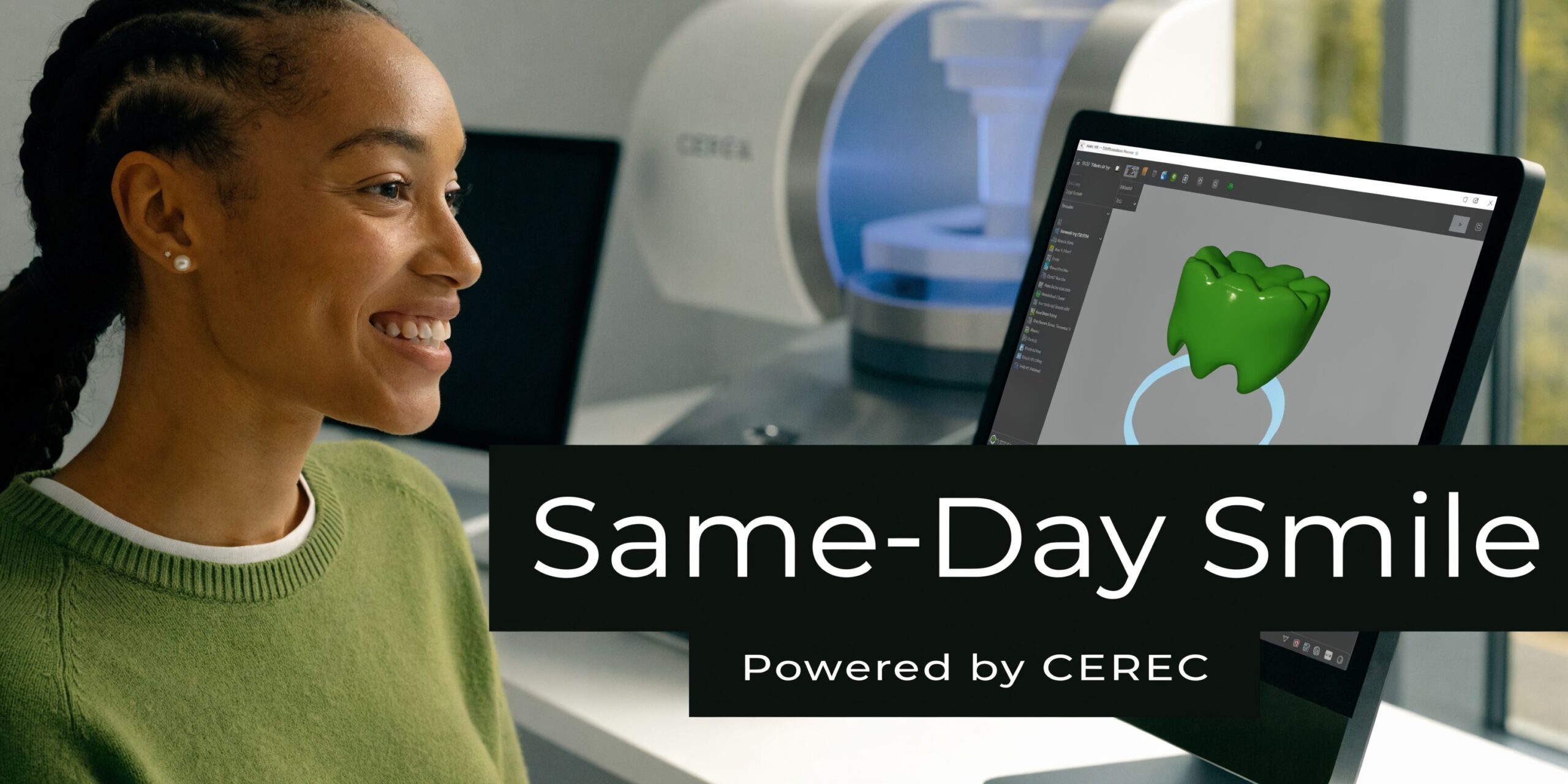 A happy woman smiles while looking at a computer screen showing a 3D dental crown design model.