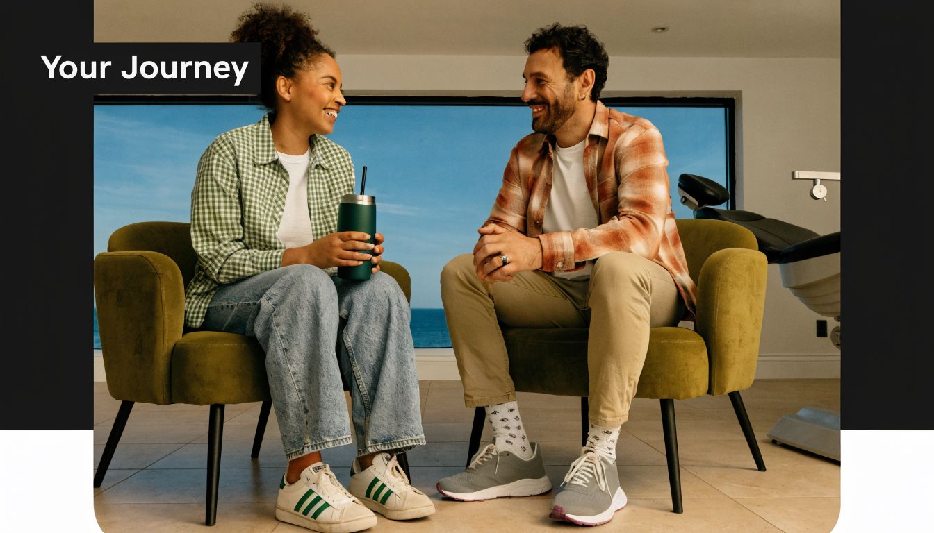 A woman and a man sitting in comfortable chairs, talking and smiling in a dental office setting.