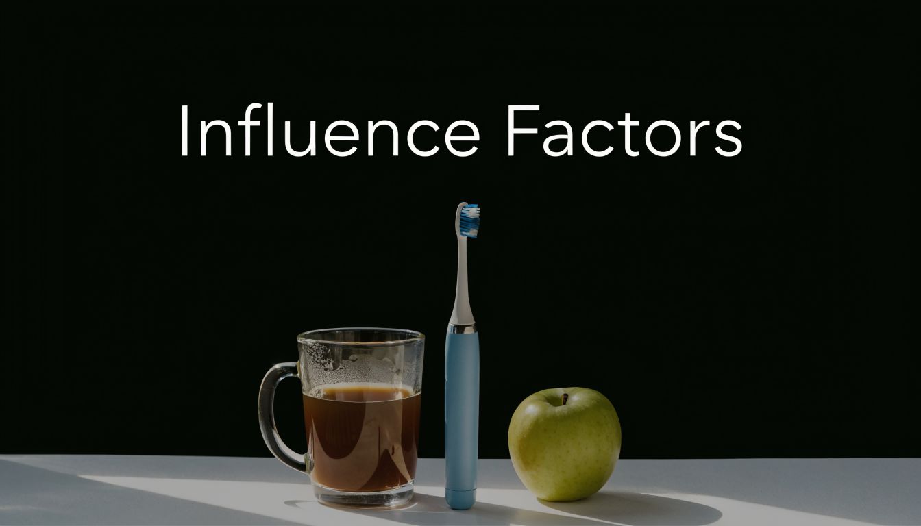 A glass of coffee, an electric toothbrush, and a green apple arranged on a white surface.