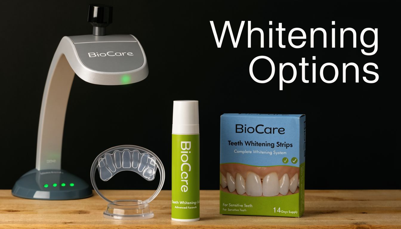 A professional BioCare teeth whitening set with a light lamp, mouth tray, whitening gel, and strips.