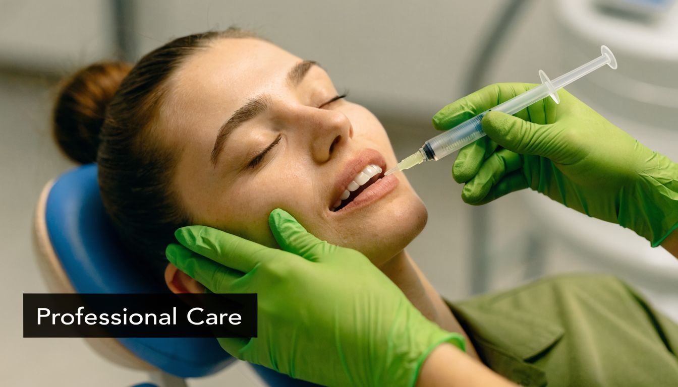 A professional dentist applying whitening gel to a patient's teeth during a clinical teeth whitening procedure.