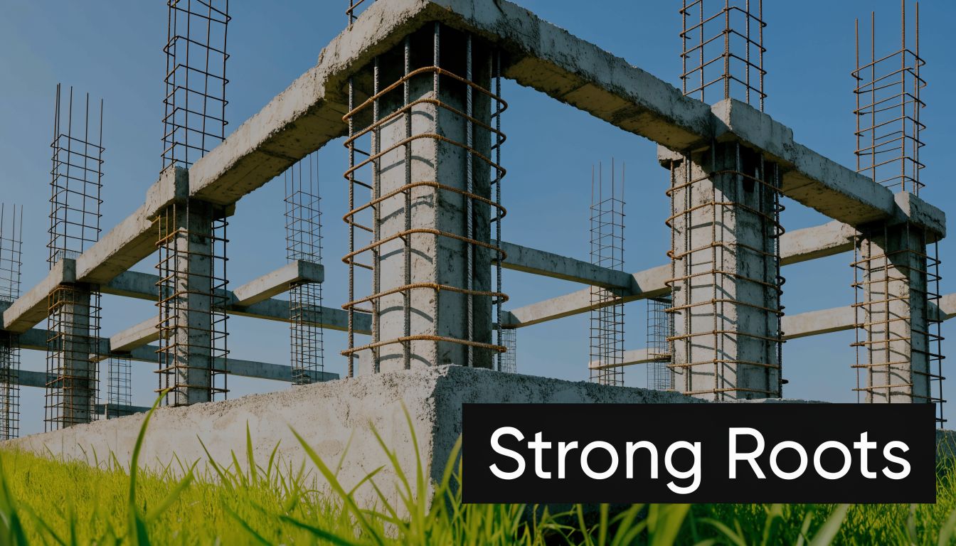 Reinforced concrete construction frame with metal rebar pillars against a blue sky, symbolizing building foundation roots.