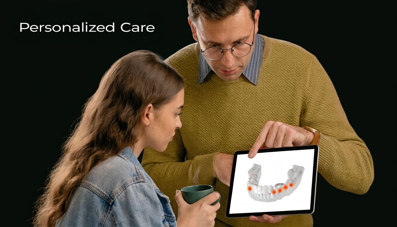A male dentist explaining a digital 3D model of teeth on a tablet to a female patient.