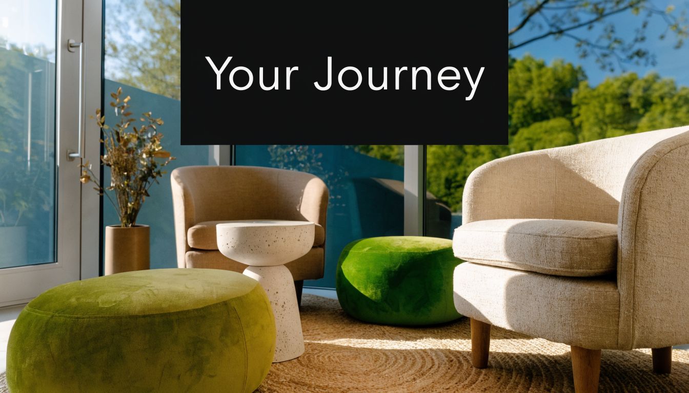 A cozy, sunlit lounge area with two beige armchairs, green ottomans, and a textured stone side table.